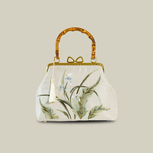 Beige Wild Meadow Embroidered Handbag – with Bow Kiss-Lock