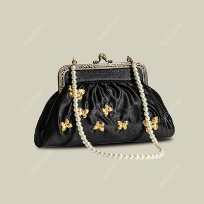 Vintage French Light Luxury Butterfly Embroidery Kiss Lock Black Evening Clutch