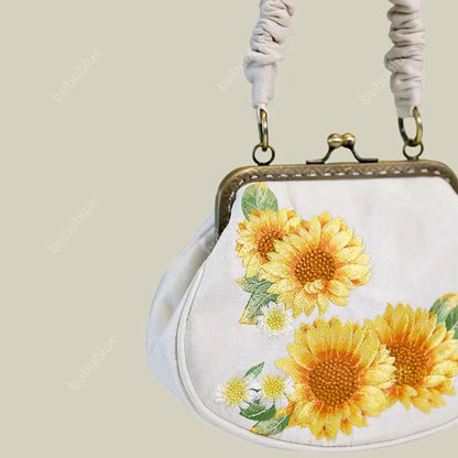 Sunflower Embroidered  Vintage Shell Purse with Kiss Lock