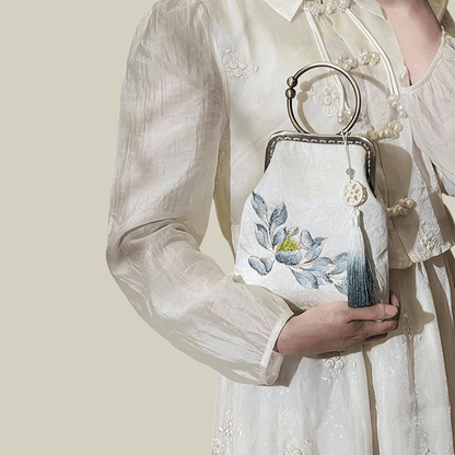 White Lotus Pod Embroidery Handbag with Kiss-Lock