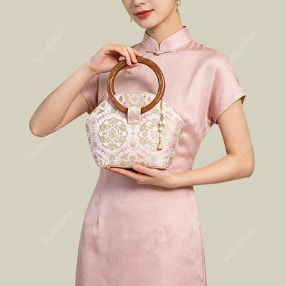 Round Wood Handle Shell Pink Brocade Bag Shaped Purse with Tasse