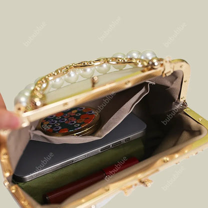 Lily Embroidered Pearl Handle Vintage Evening Clutch with Butterfly Kiss Lock