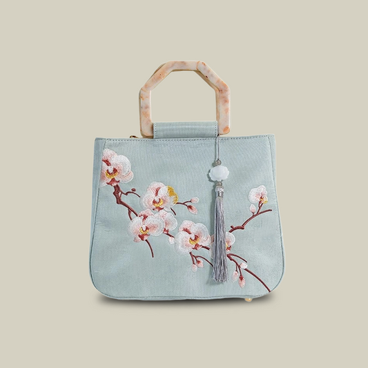 Moth Orchid Embroidered Tote Bag with Vintage Acrylic Handle