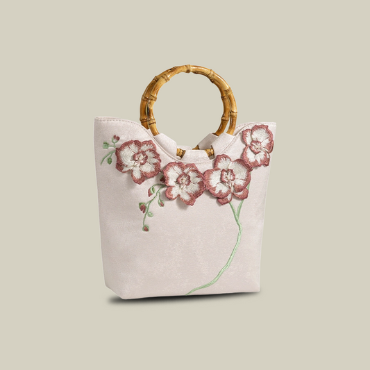 3D Embroidered Flowers & Bamboo Handle White Tote Bag