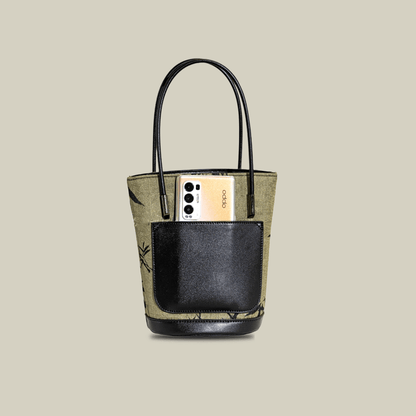 Ink Bamboo Printed Green Bucket Bag with Leather Strap