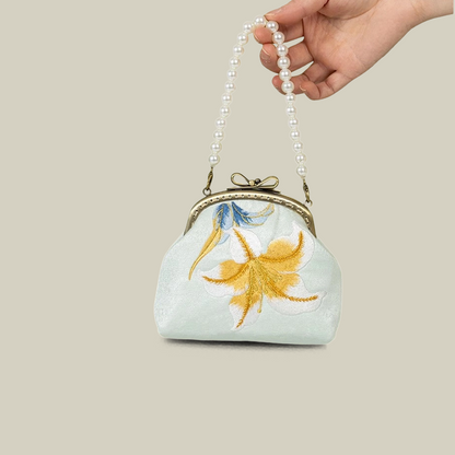 Pearl Chain Lily Embroidered Mini Purse with Bow Metal Kiss-Lock