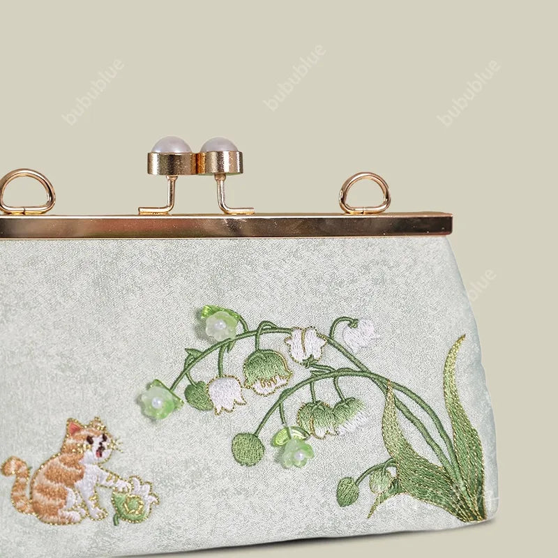 Vintage Lily of the Valley Embroidery Clutch Bag with Pearl Kiss Lock