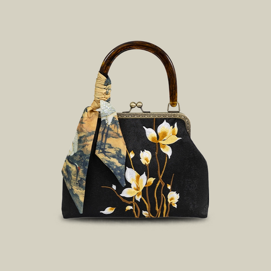 Floral Embroidered Kiss-Lock Handbag with Silk Scarf