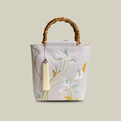 Embroidered Calla Lily Tote Bag with Wooden Handle
