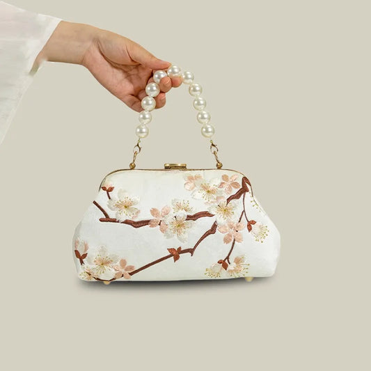 Plum Bossom Embroidered Beige White Vintage Handbag with Pearl Handle