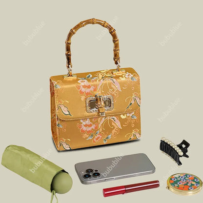 Gold Brocade Square Clutch Box with Bamboo Handle