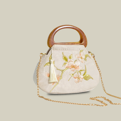 Peony Bloom White Embroidered Handbag with Wooden Handle
