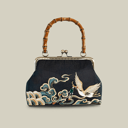 Embroidered Crane Handbag with Metal Kiss Lock