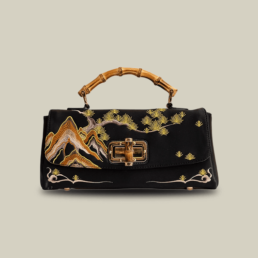 Mountain Pine Embroidered Boston Bag with Bamboo Handle