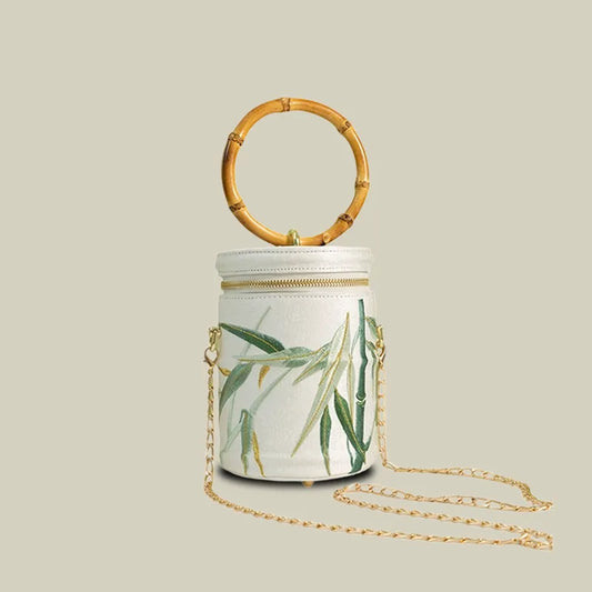 Vintage Bamboo Leaf Embroidered Bucket Bag with Bamboo Handle