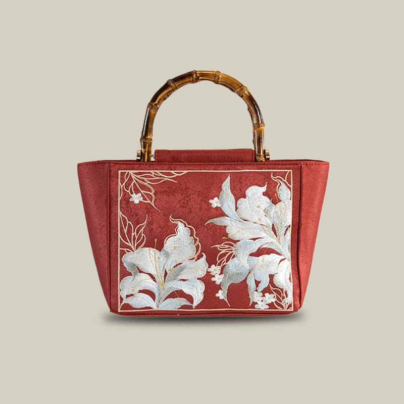 Lily Embroidered Tote Bag With Bamboo Handle(Black/Red）