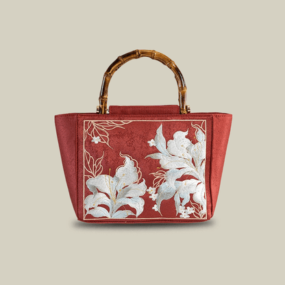 Lily Embroidered Tote Bag With Bamboo Handle(Black/Red）