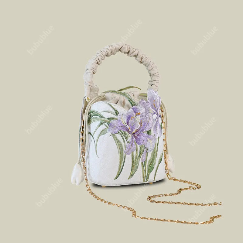 Purple Iris Embroidered Drawstring Bucket Bag