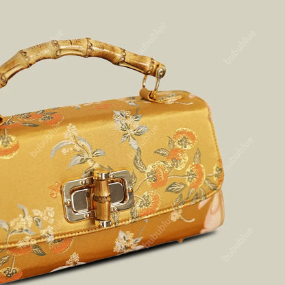 Vintage Gold Brocade Boston Evening Purse with Bamboo Handle