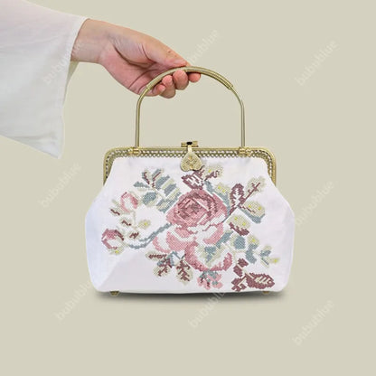 Vintage Rose Embroidered Purse with Metal Handle