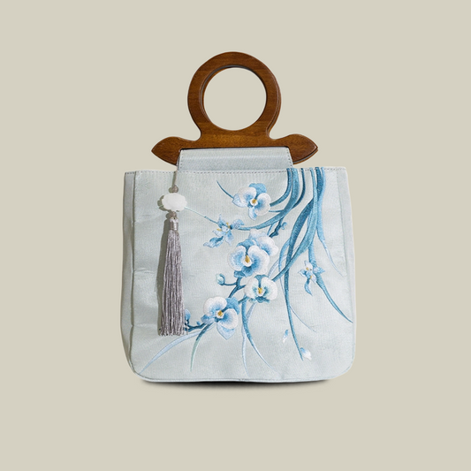Phalaenopsis Whisper Embroidered Tote with Wooden Handle
