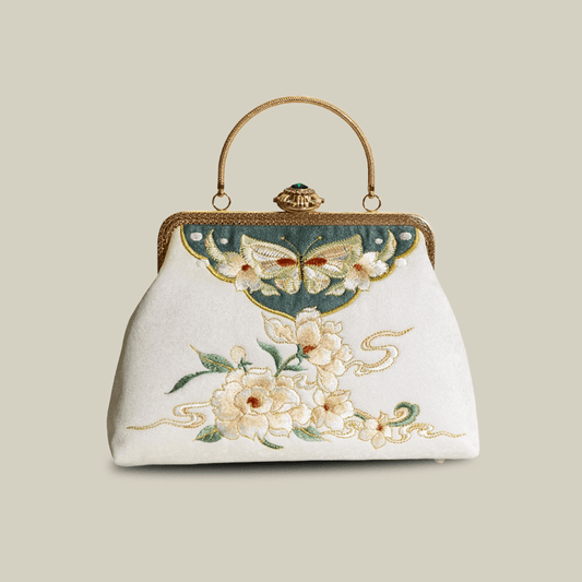 Butterfly Garden Embroidered White Handbag with Gem Lock