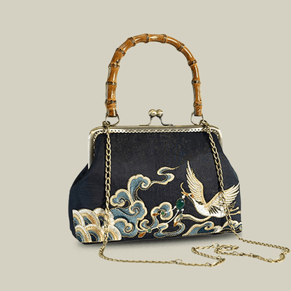 Embroidered Crane Handbag with Metal Kiss Lock