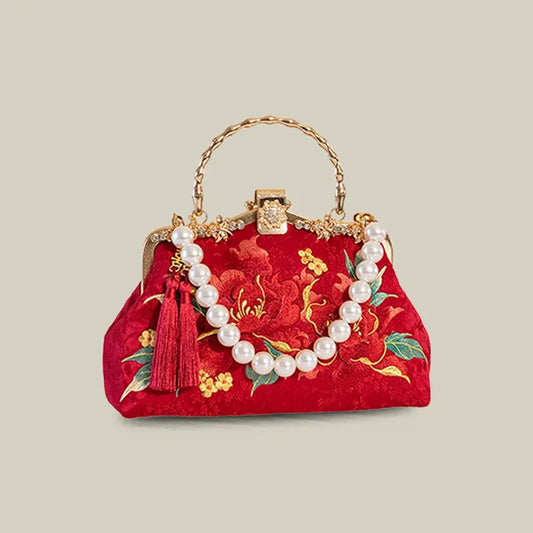 Red Peony Bloom Embroidered Handbag Bag with Pearl Handle