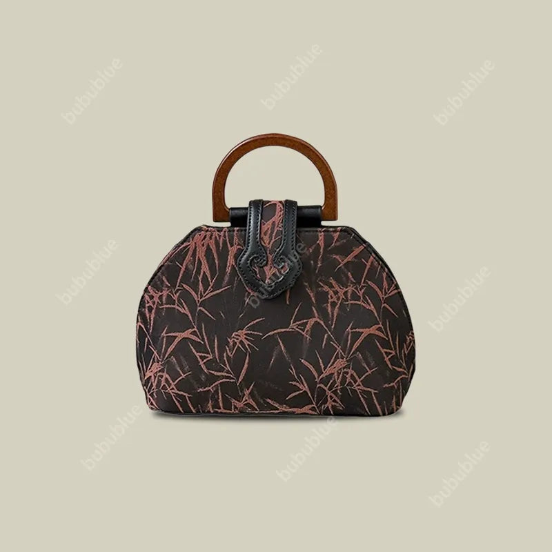 Bamboo Leaf Print Wooden Handle Shell Bag with Crossbody Strap