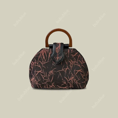 Bamboo Leaf Print Wooden Handle Shell Bag with Crossbody Strap
