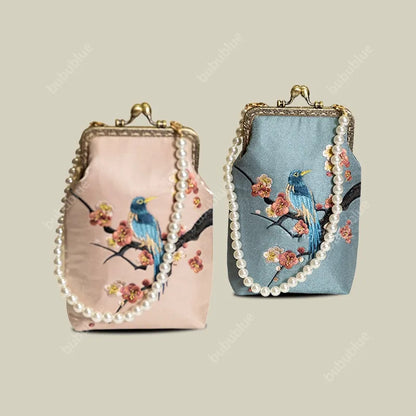 Magpie Embroidered Crossbody Phone Bag with Pearl Handle