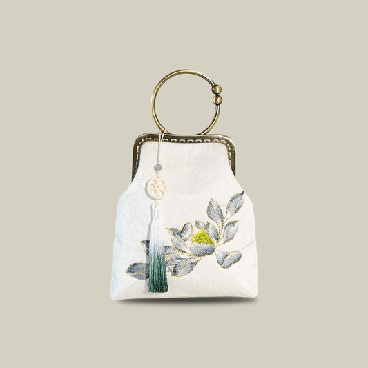 White Lotus Pod Embroidery Handbag with Kiss-Lock