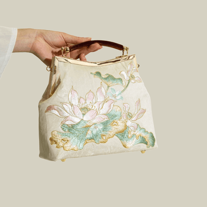 Embroidered Lotus Square Kiss-Lock Handbag with Acrylic Handle
