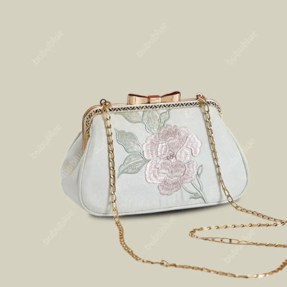 Vintage Begonia Embroidered Square Satin Handbag with Bow Lock