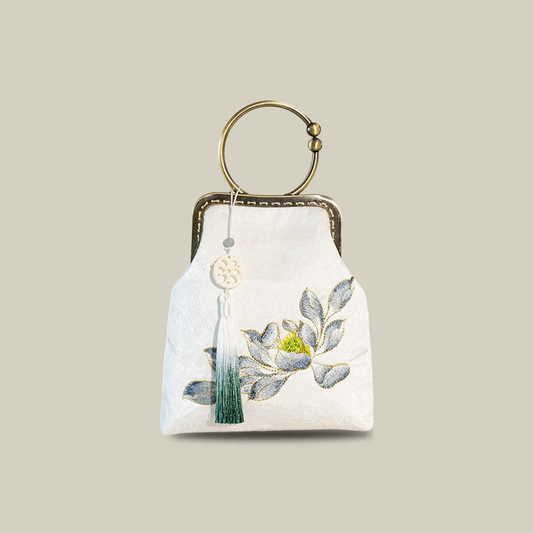 White Lotus Pod Embroidery Handbag with Kiss-Lock