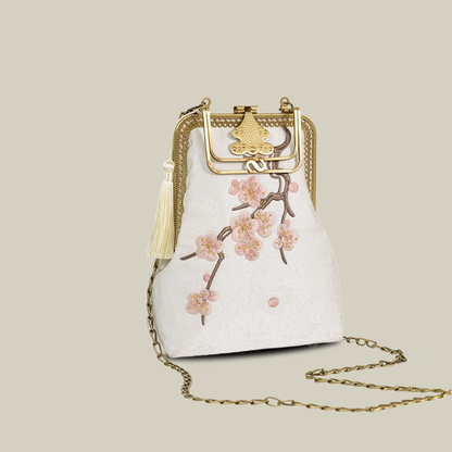 Plum Blossom Embroidery Handbag with Unique Metal Handle