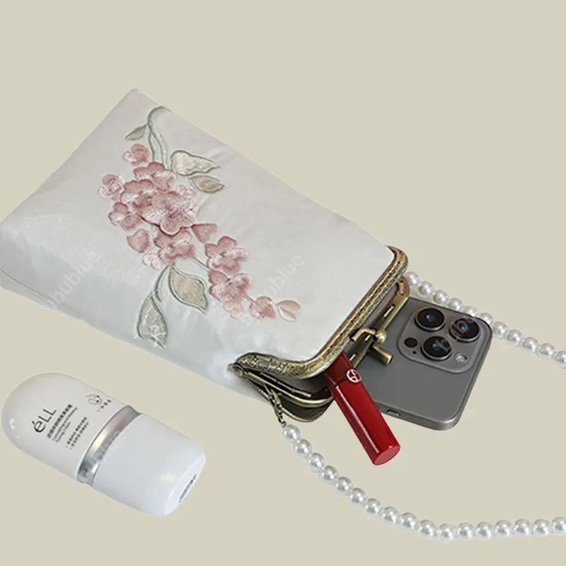 Begonia Embroidery Vintage Crossbody Phone Bag with Kiss Lock