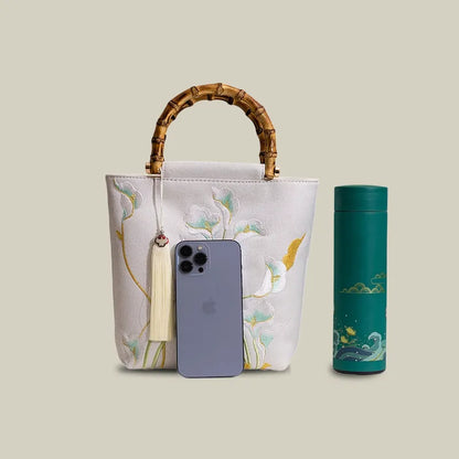 Embroidered Calla Lily Tote Bag with Wooden Handle