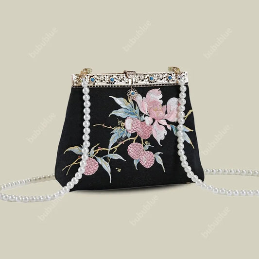 Vintage Lychee Embroidered Satin Handbag with Metal Beads