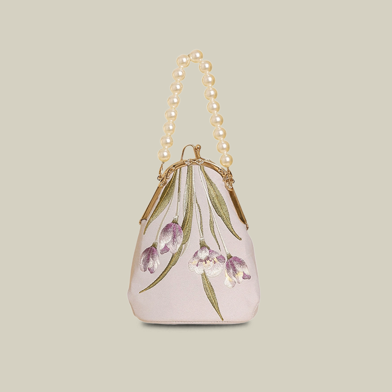 Tulip Embroidered Pearl Handle Handbag with Kiss-Lock