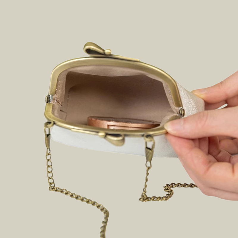Pearl Chain Lily Embroidered Mini Purse with Bow Metal Kiss-Lock