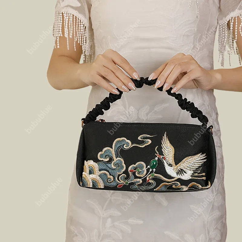 Black Crane Embroidered Handmade Evening Bag