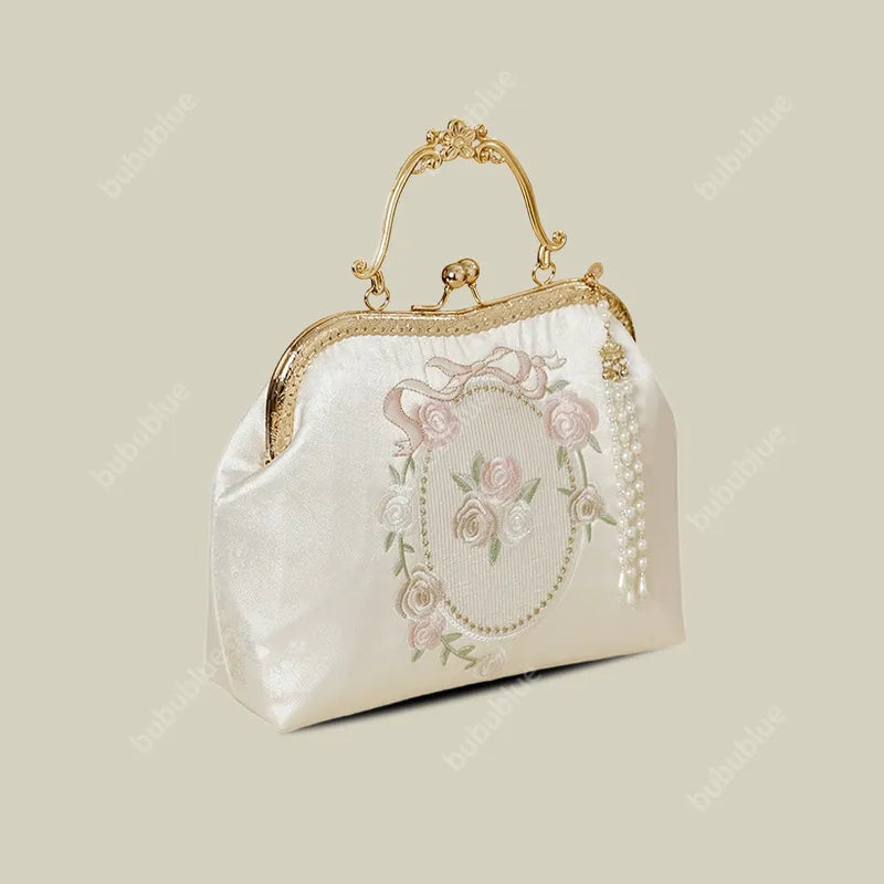 Vintage Rose Embroidered Handbag with Pearl Tassel & Gold Handle