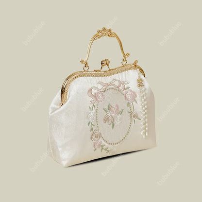 Vintage Rose Embroidered Handbag with Pearl Tassel & Gold Handle