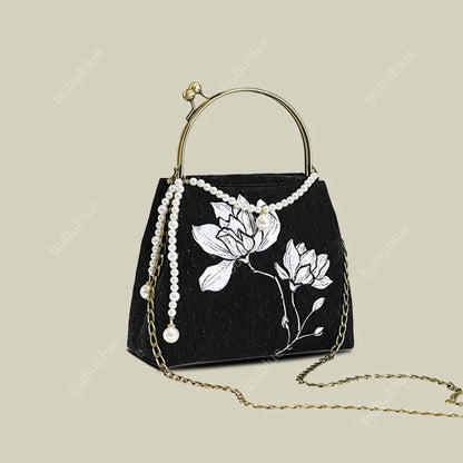 Black Lotus Embroidered Evening Bag with Pearl Trim Kiss Lock