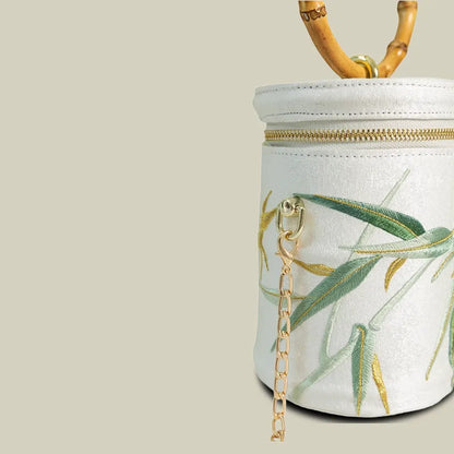 Vintage Bamboo Embroidered Bucket Bag with Bamboo Handle