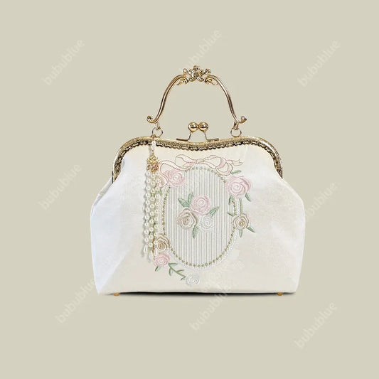 Vintage Rose Embroidered Handbag with Pearl Tassel & Gold Handle