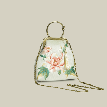 Peony Embroidered White Handbag with Metal Kiss-Lock