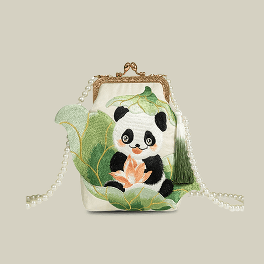 Cute Panda Embroidered Crossbody Bag with Pearl Strap