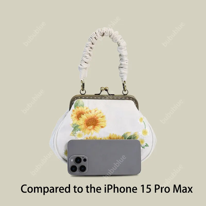 Sunflower Embroidered  Vintage Shell Purse with Kiss Lock